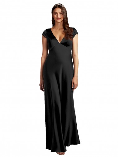 Cap Sleeves Black Keyhole Back A-Line V-Neck Formal Evening Dress UK Factory