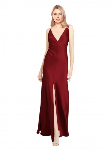 Sleeveless Burgundy V-Back A-Line Stretch Satin V-Neck Black Tie Evening Dress UK Factory