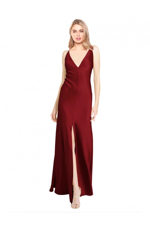 Sleeveless Burgundy V-Back A-Line Stretch Satin V-Neck Black Tie Evening Dress