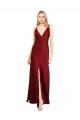 Sleeveless Burgundy V-Back A-Line Stretch Satin V-Neck Black Tie Evening Dress