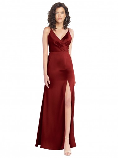 Sleeveless Burgundy V-Back A-Line Stretch Satin V-Neck Formal Dress UK Factory