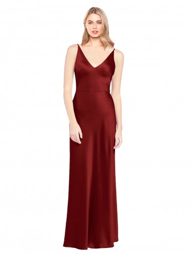 Sleeveless Burgundy V-Back A-Line Spaghetti Straps Formal Evening Dress UK Factory