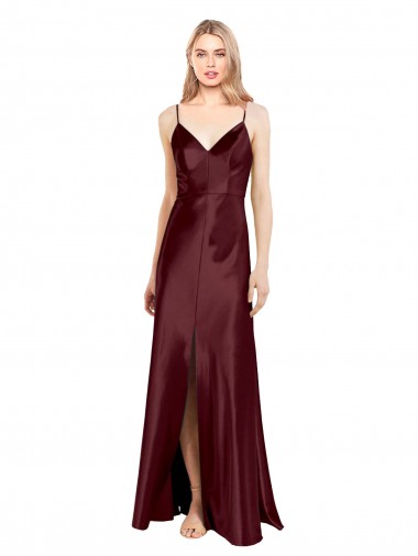 Sleeveless Burgundy Gold A-Line Stretch Satin Spaghetti Straps Evening Dress UK Factory