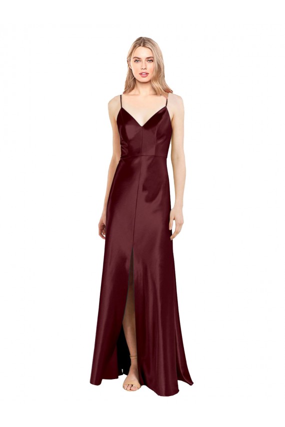 Sleeveless Burgundy Gold A-Line Stretch Satin Spaghetti Straps Evening Dress