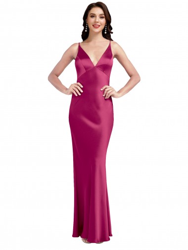 Sleeveless Fuchsia Low Back A-Line Spaghetti Straps Formal Evening Dress UK Factory