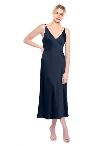 Sleeveless Dark Navy V-Back A-Line Stretch Satin V-Neck Formal Evening Dress UK Factory