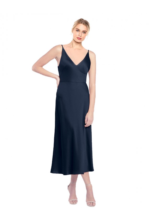 Sleeveless Dark Navy V-Back A-Line Stretch Satin V-Neck Formal Evening Dress