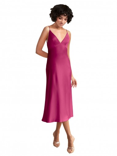 Sleeveless Fuchsia Low Back A-Line V-Neck Formal Evening Dress UK Factory