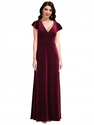 Flutter Sleeves Burgundy A-Line V-Neck Semi Formal Evening Dress UK Factory