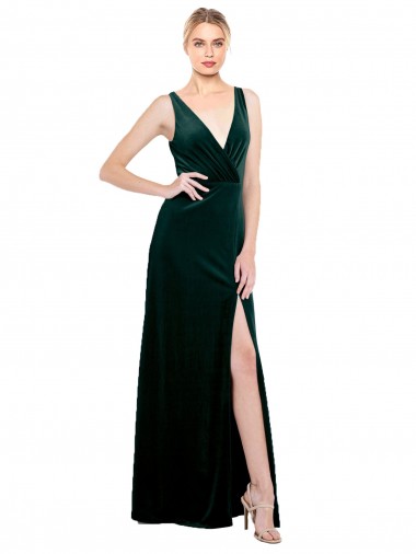 Sleeveless Dark Green V-Back A-Line V-Neck Black Tie Evening Dress UK Factory