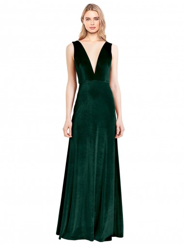 Sleeveless Dark Green V-Back A-Line V-Neck Evening Dress UK Factory