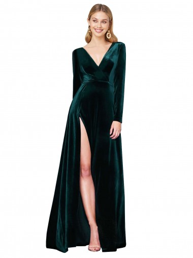 Long Sleeves Dark Green A-Line V-Neck Black Tie Evening Dress UK Factory