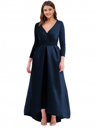 Long Sleeves Dark Navy Ball Dress V-Neck High Low Plus Size Evening Dress UK Factory