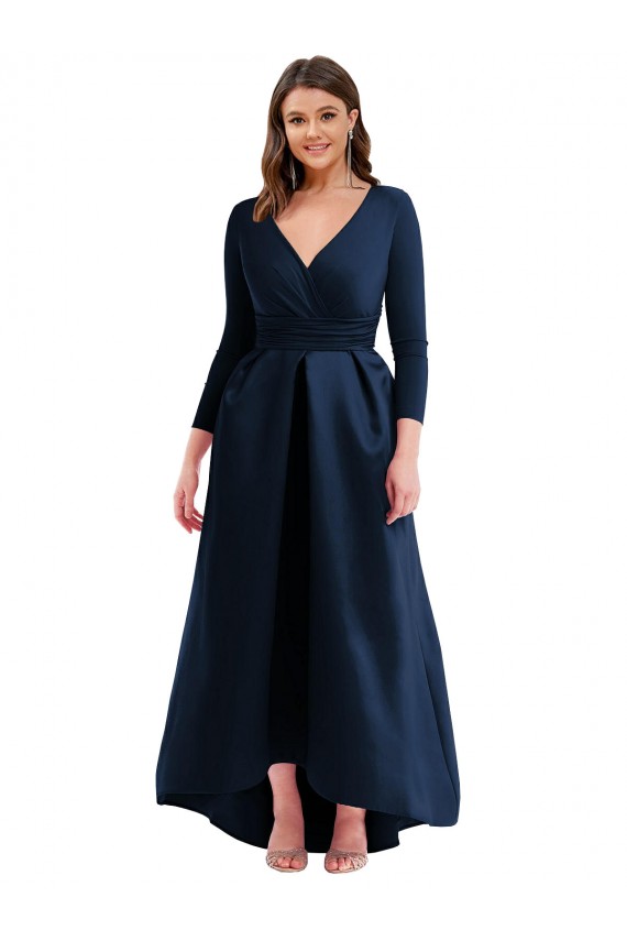 Long Sleeves Dark Navy Ball Dress V-Neck High Low Plus Size Evening Dress