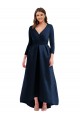 Long Sleeves Dark Navy Ball Dress V-Neck High Low Plus Size Evening Dress