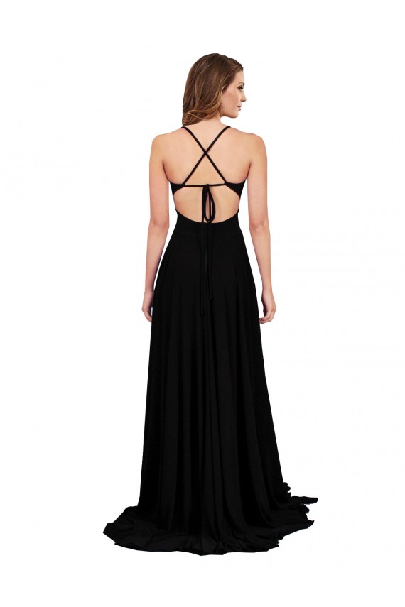 Sleeveless Black Open Back A-Line V-Neck Black Tie Evening Dress