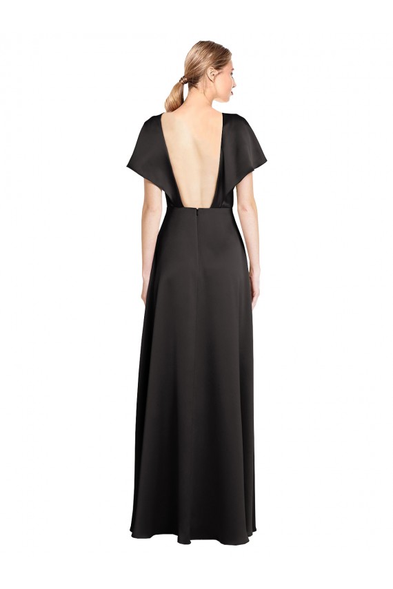 Cap Sleeves Black Open Back A-Line V-Neck Evening Dress