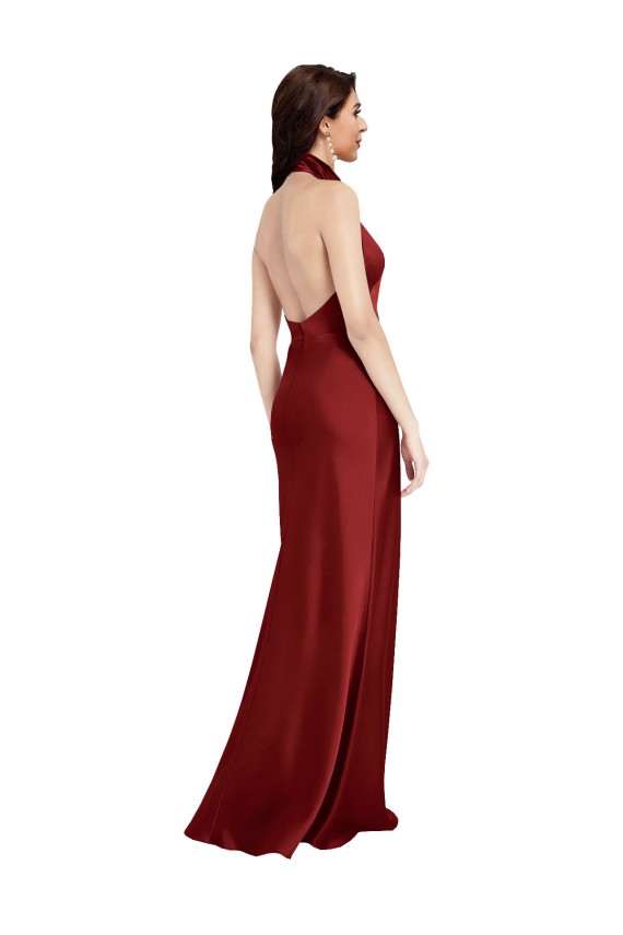 Sleeveless Burgundy Backless A-Line Halter Neck Black Tie Evening Dress