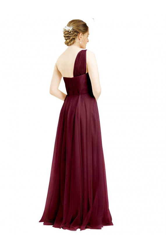 Sleeveless Burgundy A-Line Tulle One Shoulder Semi Formal Evening Dress