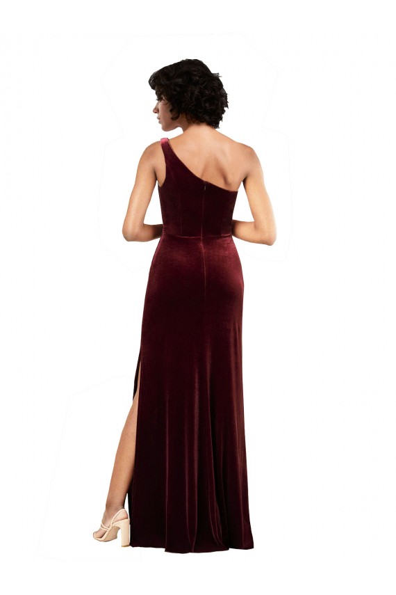 Sleeveless Burgundy Column One Shoulder Formal Evening Dress