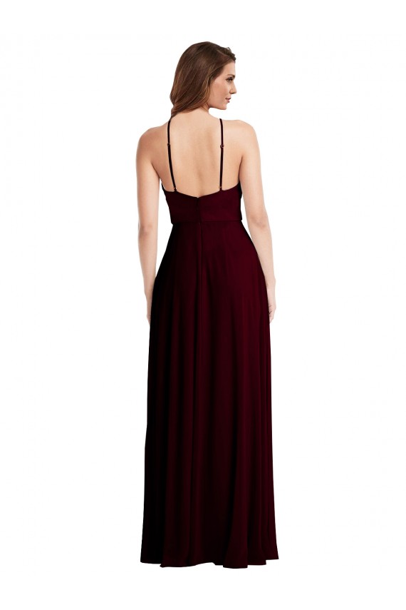 Sleeveless Burgundy Gold Low Back A-Line Spaghetti Straps Semi Formal Evening Dress