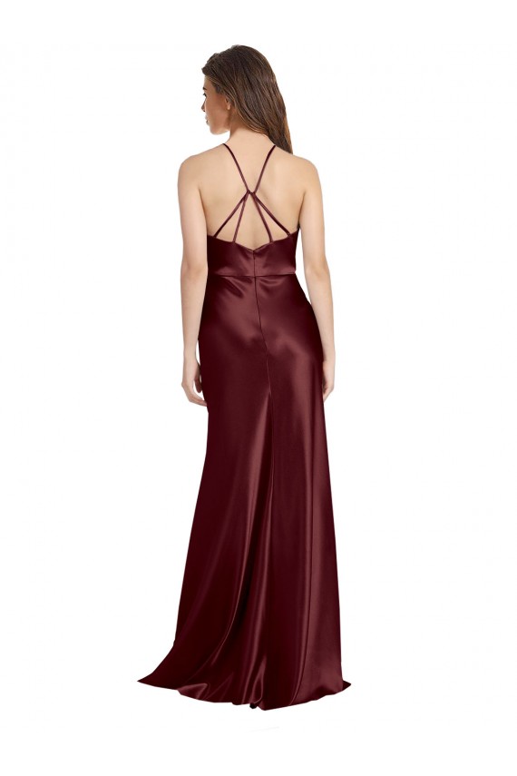 Sleeveless Burgundy Gold A-Line Spaghetti Straps Formal Evening Dress