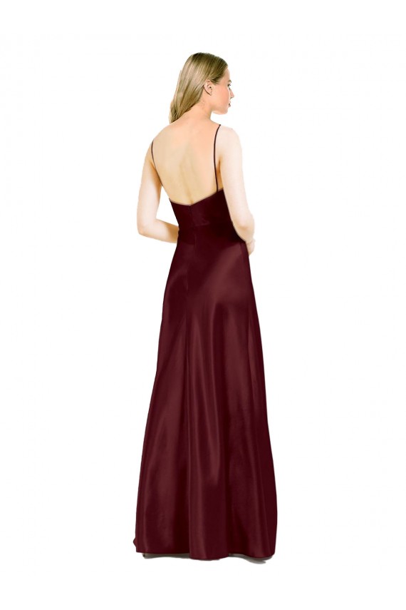 Sleeveless Burgundy Gold A-Line Stretch Satin Spaghetti Straps Evening Dress