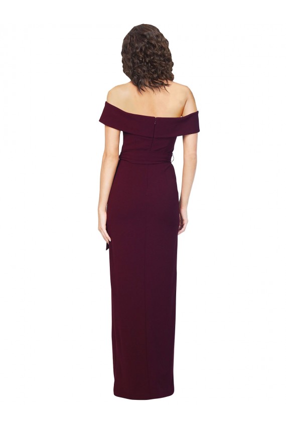 Sleeveless Burgundy Gold Low Back Sheath Off the Shoulder Formal Evening Dress