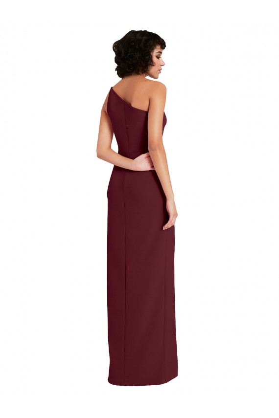 Sleeveless Burgundy Gold Sheath One Shoulder Formal Evening Dress