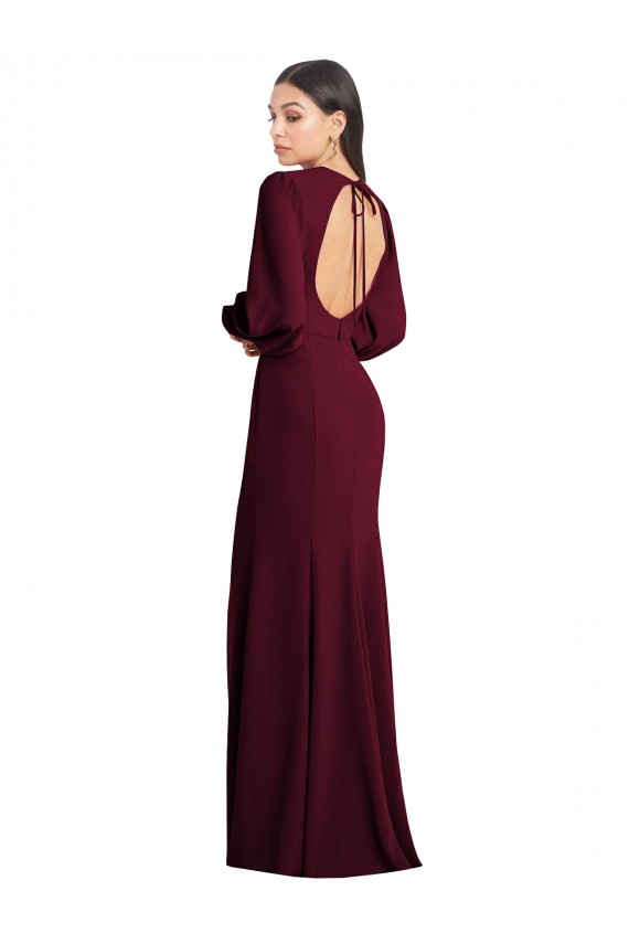 Puff Sleeves Burgundy Gold Open Back Trumpet Bateau Neck Formal Dress