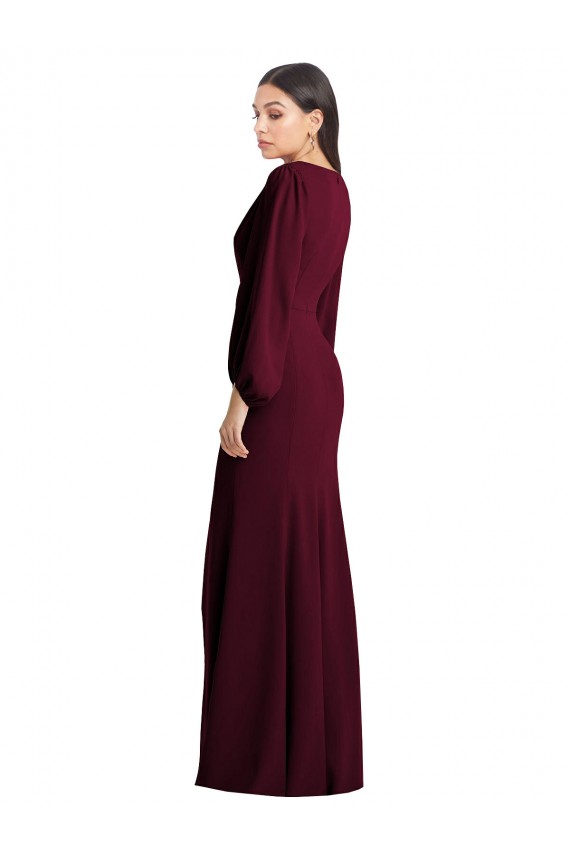 Puff Sleeves Burgundy Gold Trumpet V-Neck Semi Formal Evening Dress