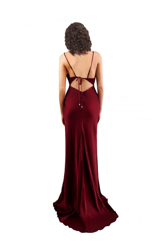 Sleeveless Burgundy Criss Cross Open Back Sheath Silky Satin Cowl Neck Formal Evening Dress