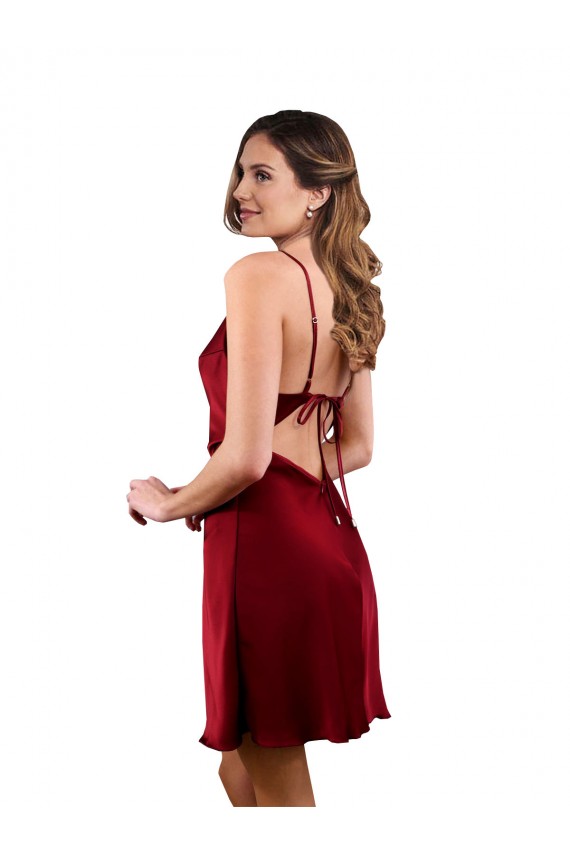 Sleeveless Burgundy Criss Cross Open Back Sheath Cowl Neck Formal Evening Dress