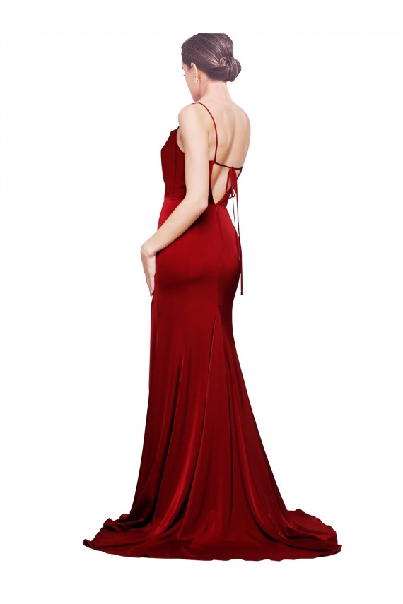 Sleeveless Burgundy Criss Cross Back Sheath Spaghetti Straps Black Tie Evening Dress