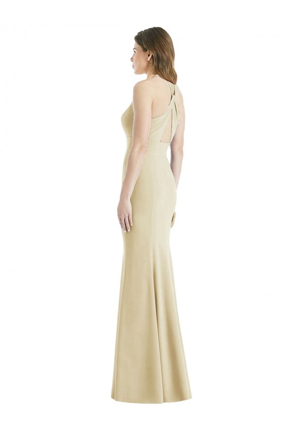 Sleeveless Champagne Criss Cross Open Back Trumpet Bateau Neck Semi Formal Evening Dress