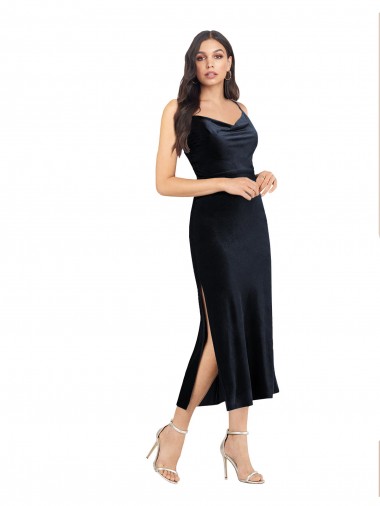 Sleeveless Dark Navy Low Back Column Cowl Neck Formal Evening Dress UK Factory