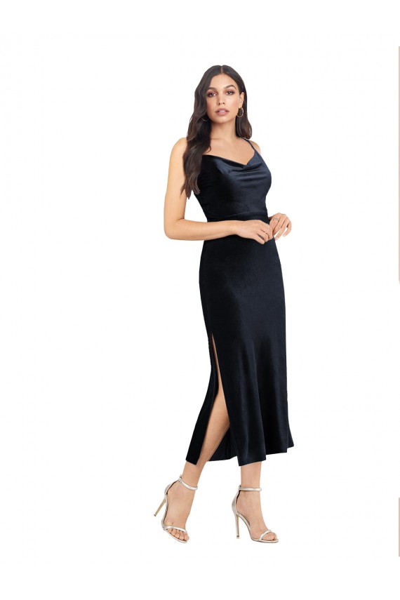 Sleeveless Dark Navy Low Back Column Cowl Neck Formal Evening Dress