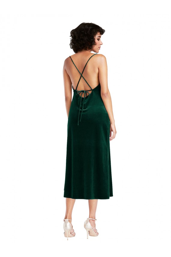 Sleeveless Dark Green Criss Cross Open Back Sheath Cowl Neck Black Tie Evening Dress