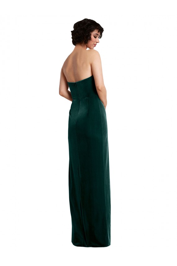 Sleeveless Dark Green Low Back Sheath Strapless Black Tie Evening Dress