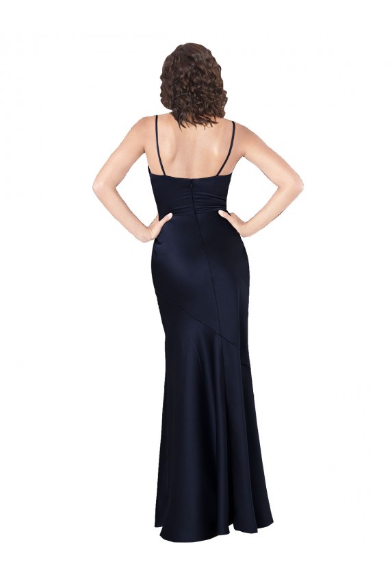 Sleeveless Dark Navy A-Line Cowl Neck Black Tie Evening Dress