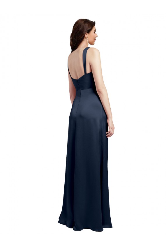 Sleeveless Dark Navy Low Back A-Line Cowl Neck Formal Evening Dress