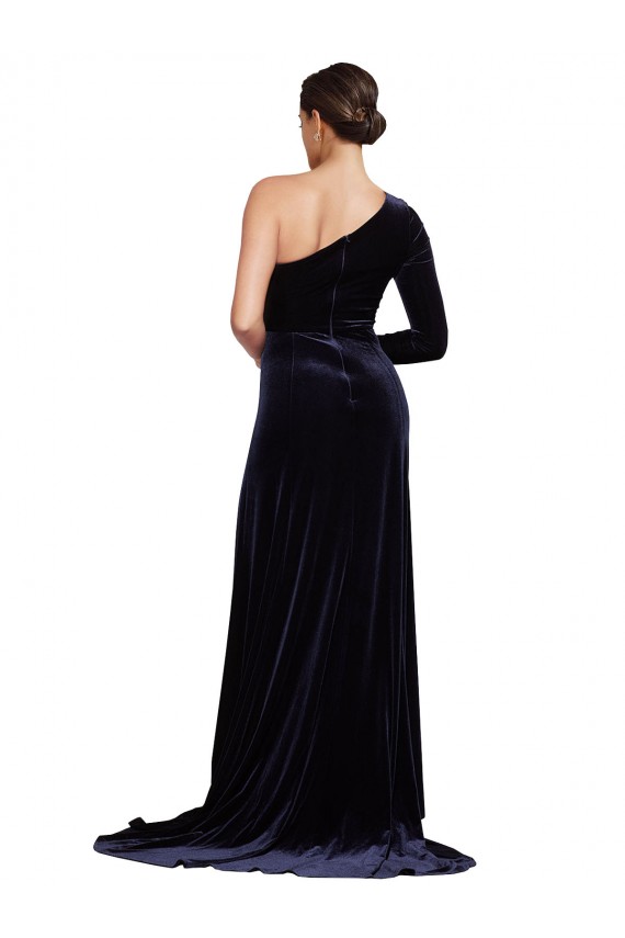 Long Sleeves Dark Navy A-Line One Shoulder Formal Evening Dress