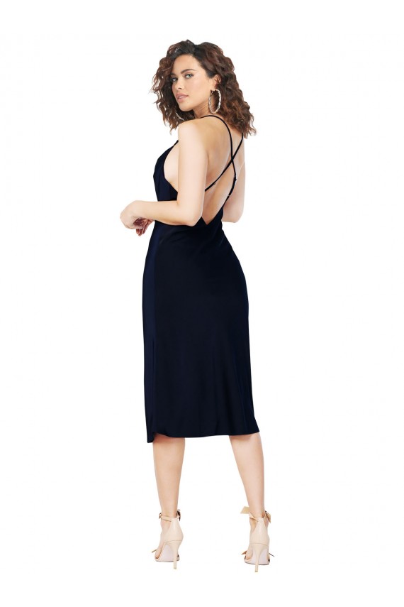 Sleeveless Dark Navy Criss Cross Open Back A-Line Spaghetti Straps Formal Evening Dress