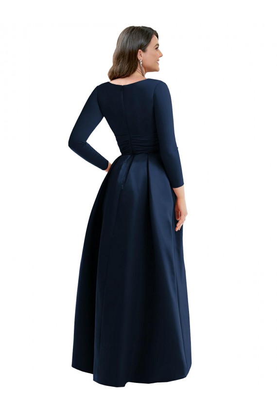 Long Sleeves Dark Navy Ball Dress V-Neck High Low Plus Size Evening Dress