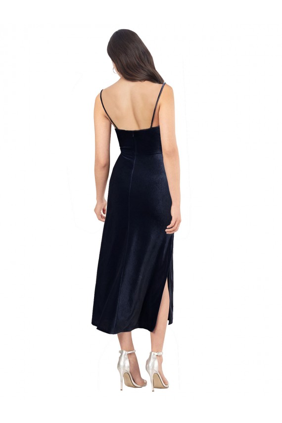 Sleeveless Dark Navy Low Back Column Cowl Neck Formal Evening Dress