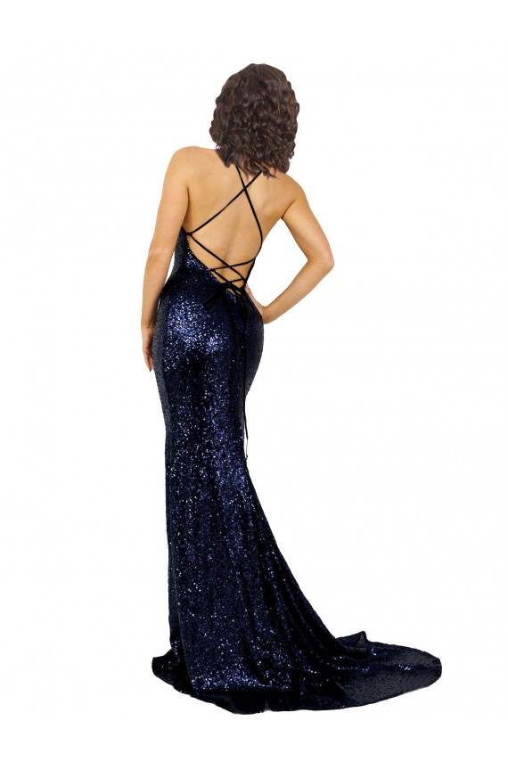 Sleeveless Dark Navy Low Back Mermaid V-Neck Formal Evening Dress