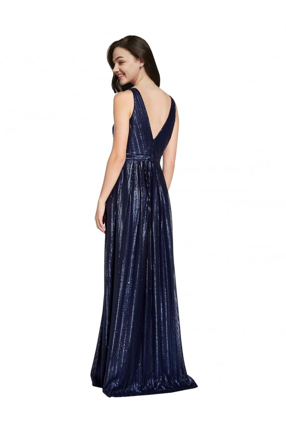 Sleeveless Dark Navy V-Back Sheath V-Neck Formal Evening Dress