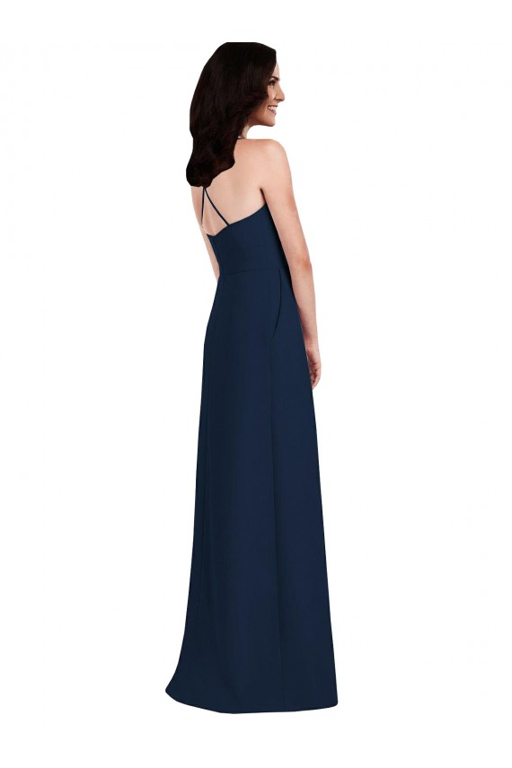 Sleeveless Dark Navy Criss Cross Open Back Trumpet Halter Neck Semi Formal Evening Dress