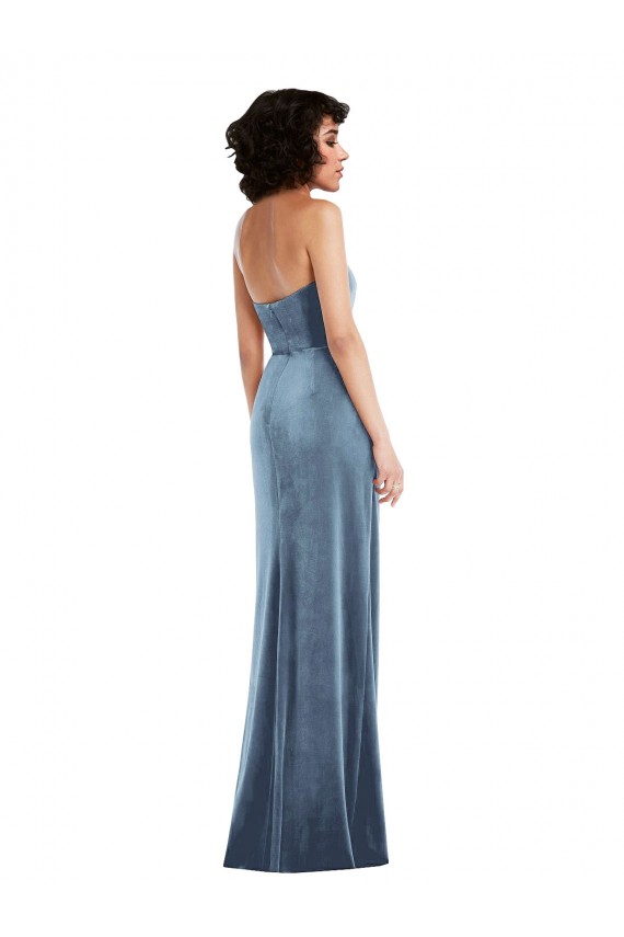 Sleeveless Dusty Blue Low Back Sheath Strapless Formal Evening Dress