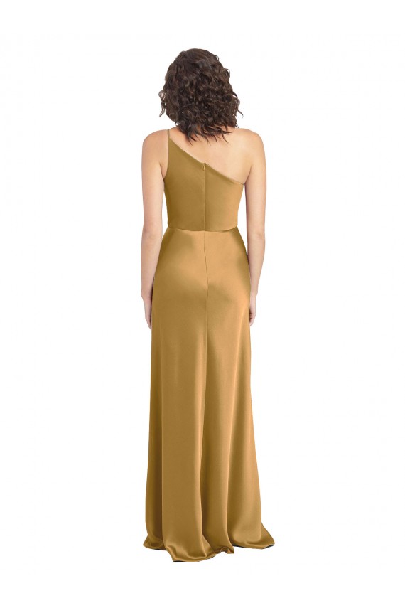 Sleeveless Gold A-Line Stretch Satin One Shoulder Formal Evening Dress